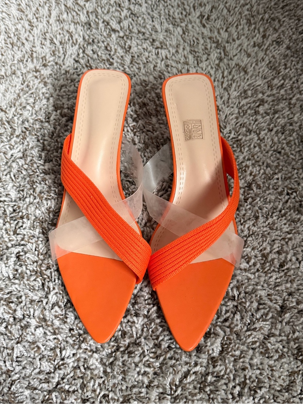 Women's Orange Pointed Toe Slide Heels with Clear Straps